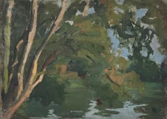 1930's French Post Impressionist Oil Painting Moody Green Trees over Pond