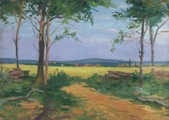 Französisches postimpressionistisches Ölgemälde aus den 1930er Jahren – Offene Bauernlandschaft