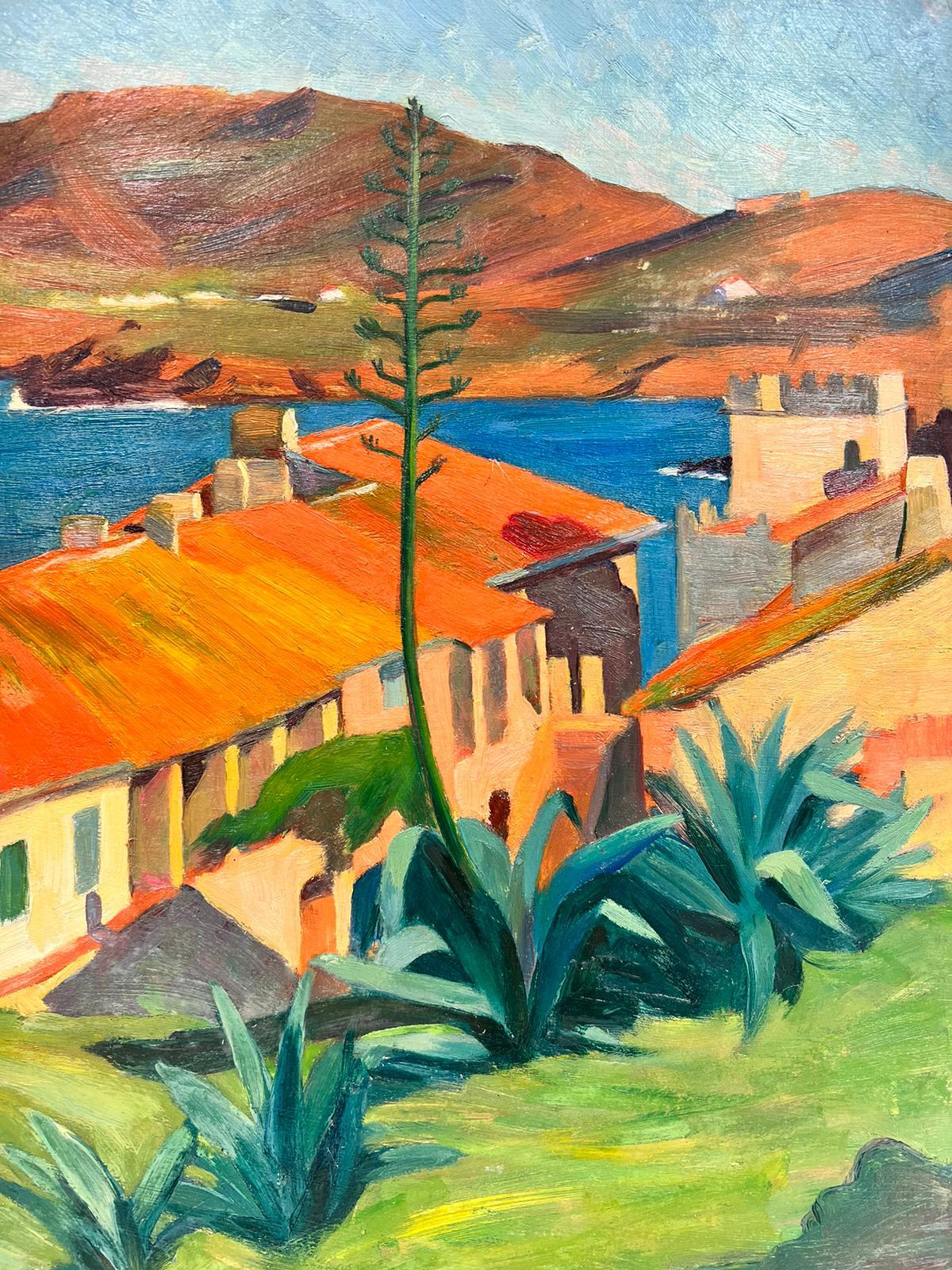 Franzsisches postimpressionistisches lgemlde, Orange, Haus, Hahnen, grne Pflanzen, 1930er Jahre – Painting von Suzanne Crochet