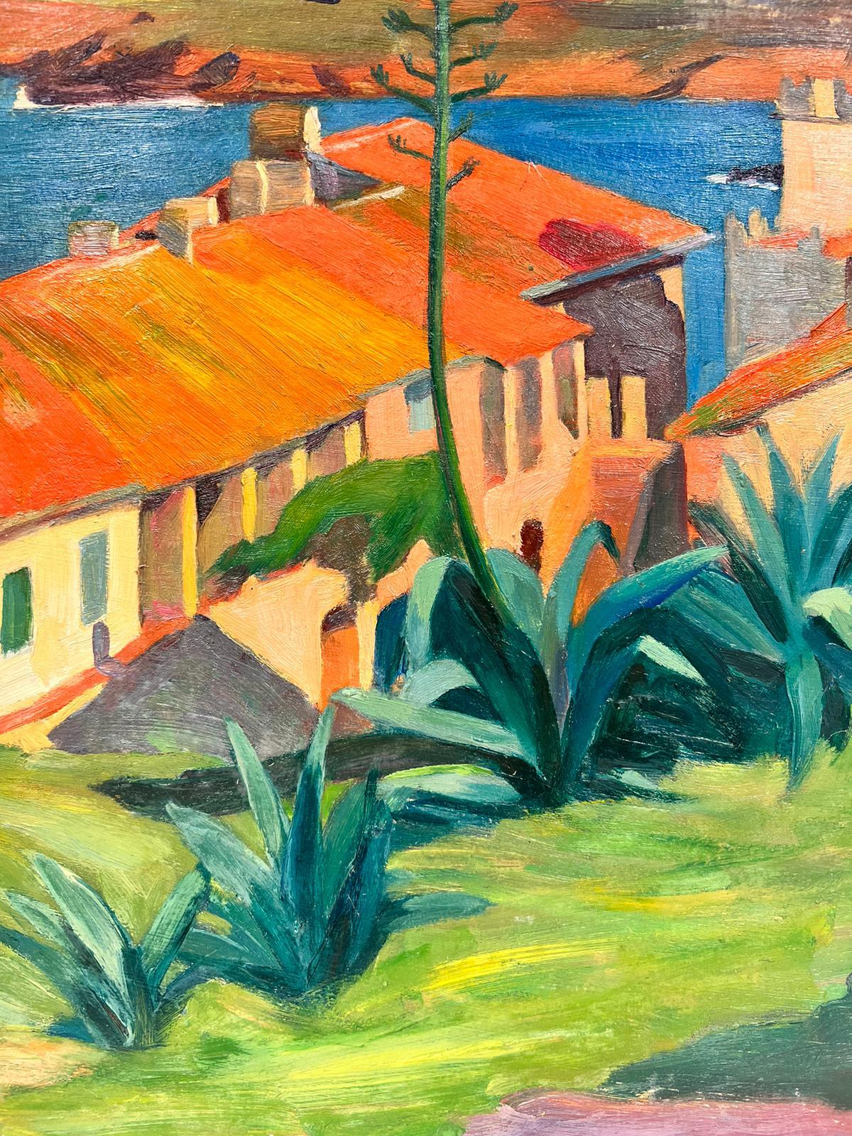 Franzsisches postimpressionistisches lgemlde, Orange, Haus, Hahnen, grne Pflanzen, 1930er Jahre (Post-Impressionismus), Painting, von Suzanne Crochet