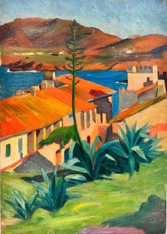 Peinture  l'huile post-impressionniste franaise des annes 1930 Toits de maisons orange Plantes vertes