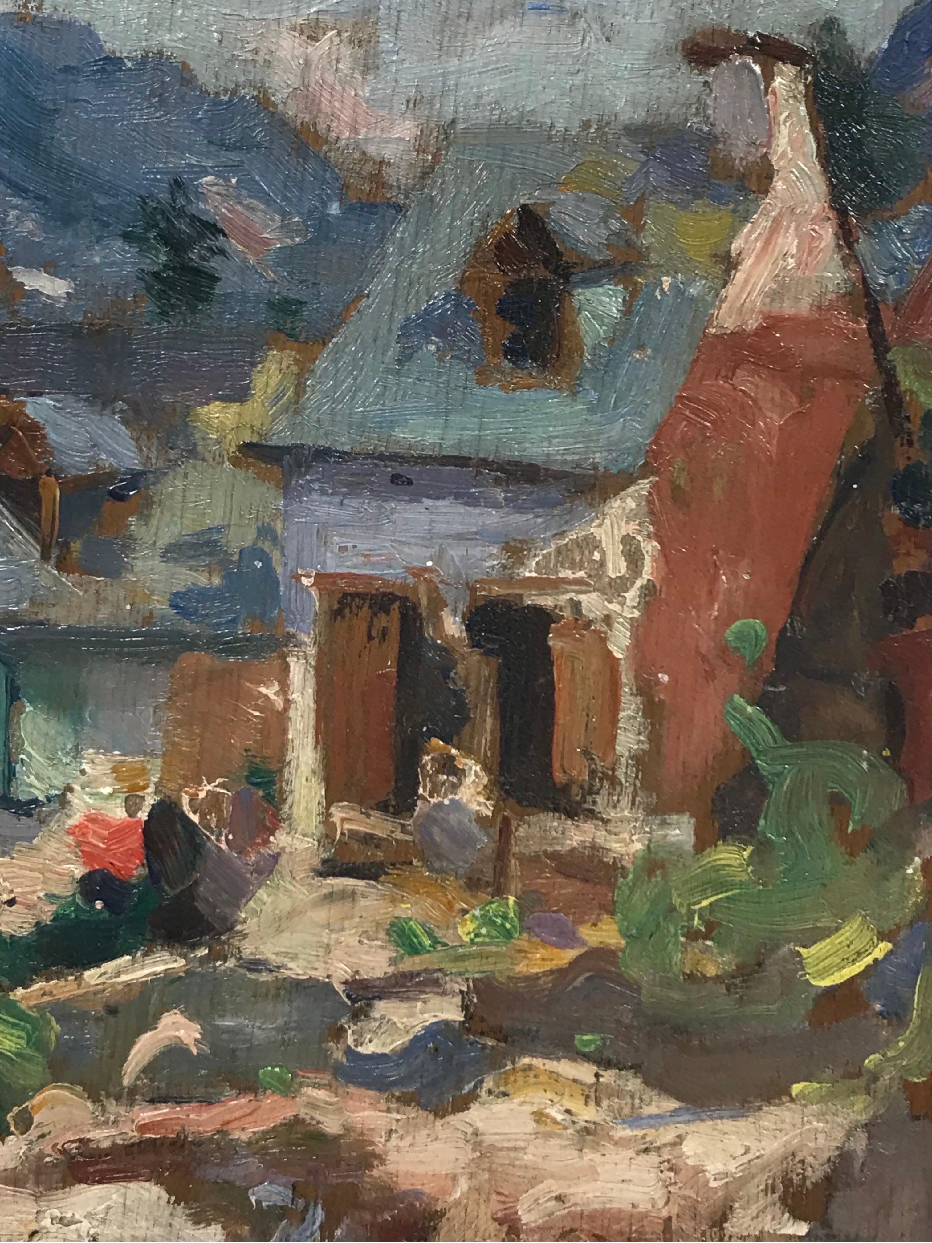 1930's French Post Impressionist Oil Painting - Provencal Cottage in Landscape - Gray Landscape Painting by Suzanne Crochet