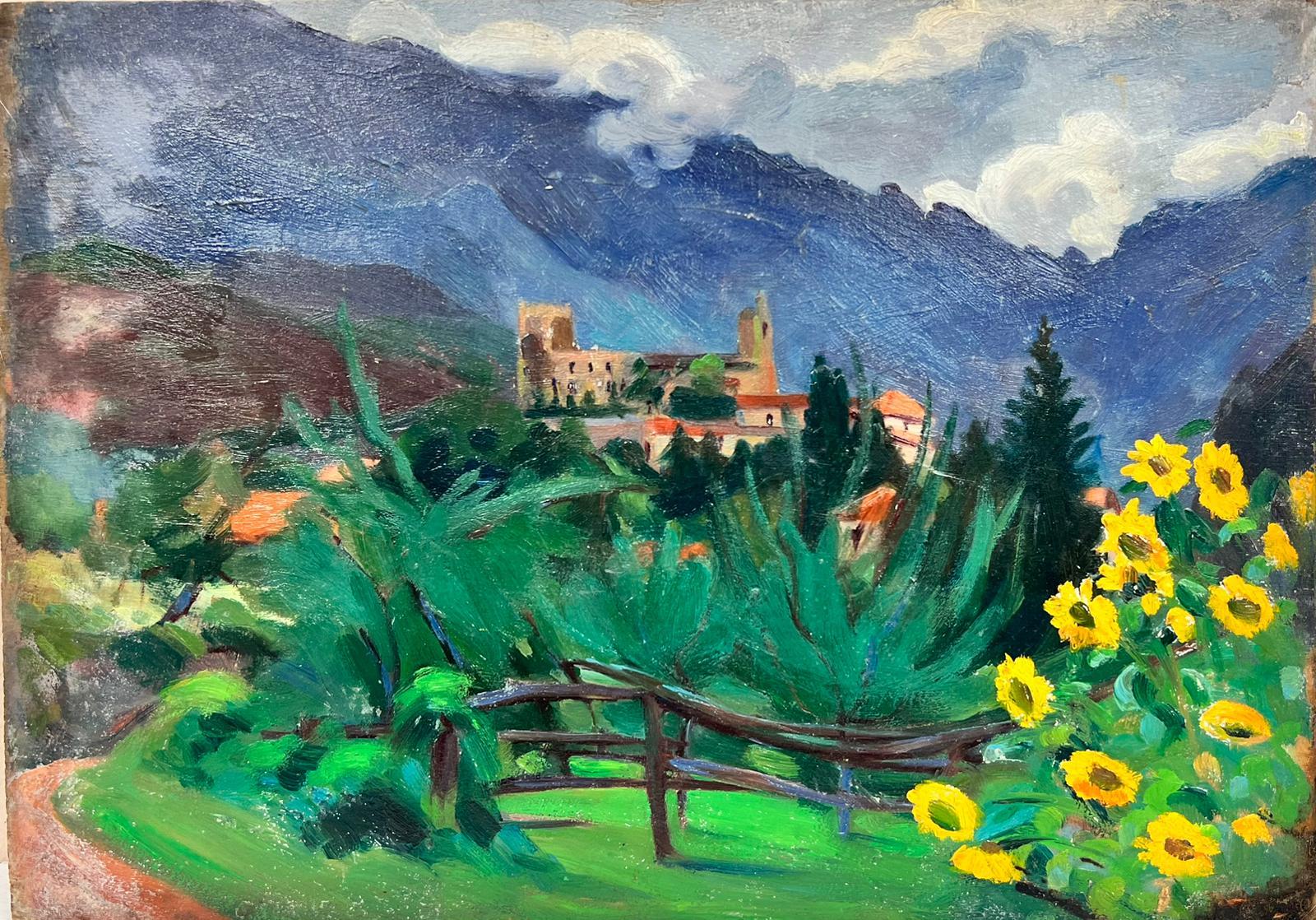 Suzanne Crochet Landscape Painting - 1930's French Post Impressionist Oil Painting Provencal Landscape Sunflowers