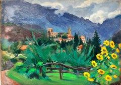 Pittura a olio francese post impressionista del 1930 Paesaggio provenzale girasoli