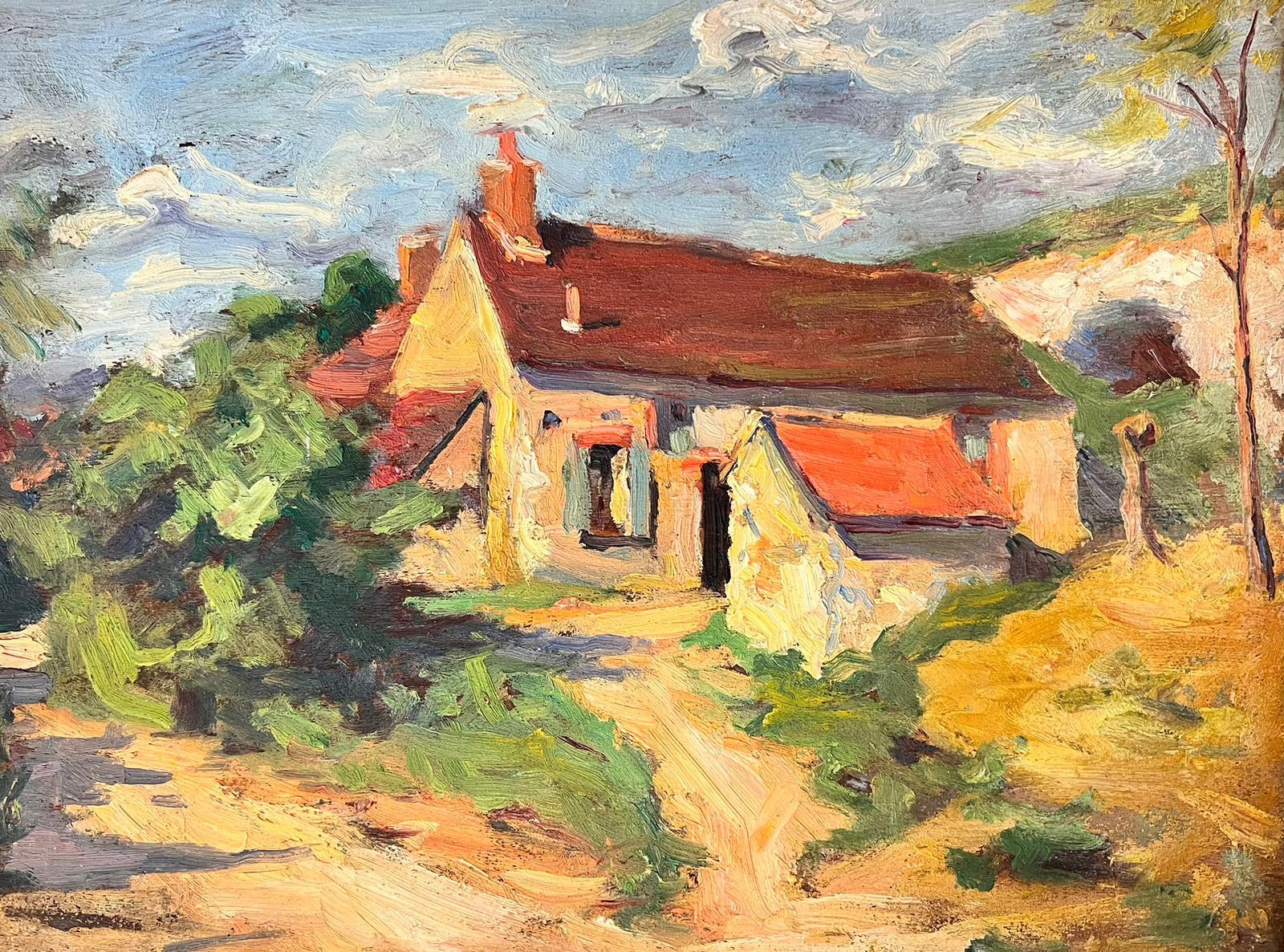 Suzanne Crochet Landscape Painting - 1930's French Post Impressionist Oil Painting - Red Roof Rustic French Cottage