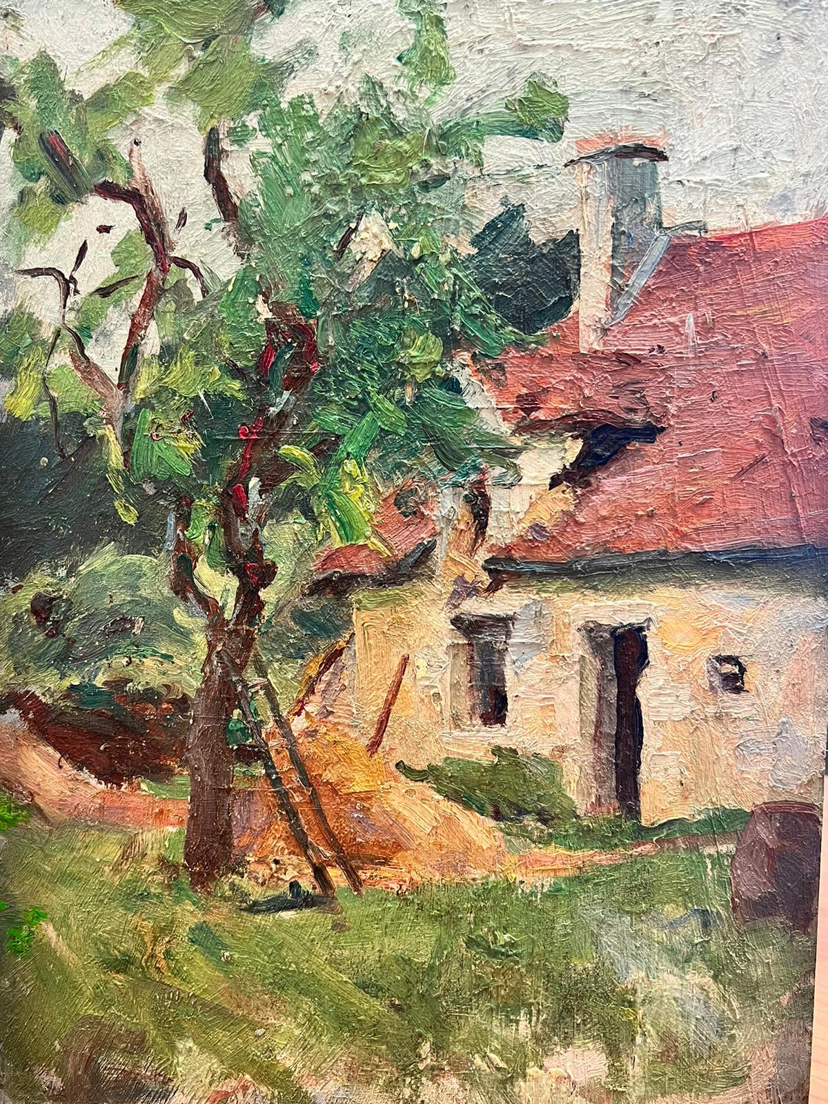 1930s French Post Impressionist Oil Painting - Rural Cottage with Ladder To Tree For Sale 1