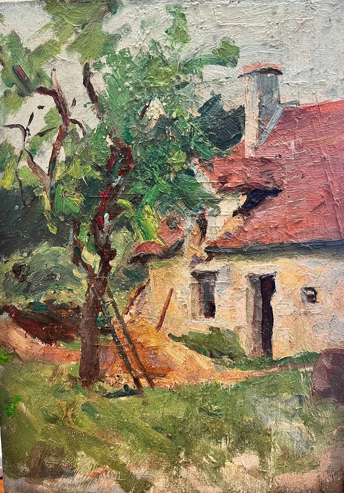 Landscape Painting de Suzanne Crochet - Pintura al óleo postimpresionista francesa de los años 30 - Cabaña rural con escalera al árbol
