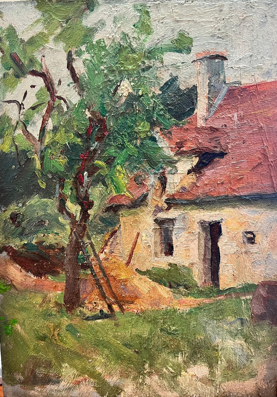 Suzanne Crochet Landscape Painting - 1930s French Post Impressionist Oil Painting - Rural Cottage with Ladder To Tree