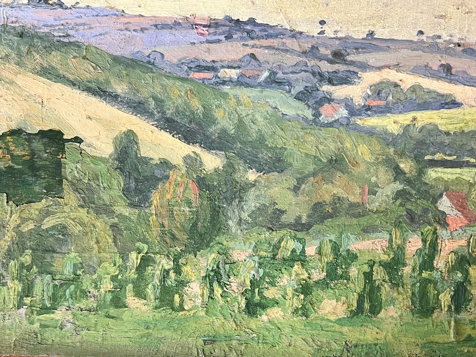 1930's French Post Impressionist Oil Painting - Rural Farm Green Landscape For Sale 2