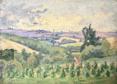 Peinture à l'huile post-impressionniste française des années 1930 - Paysage vert de ferme rural
