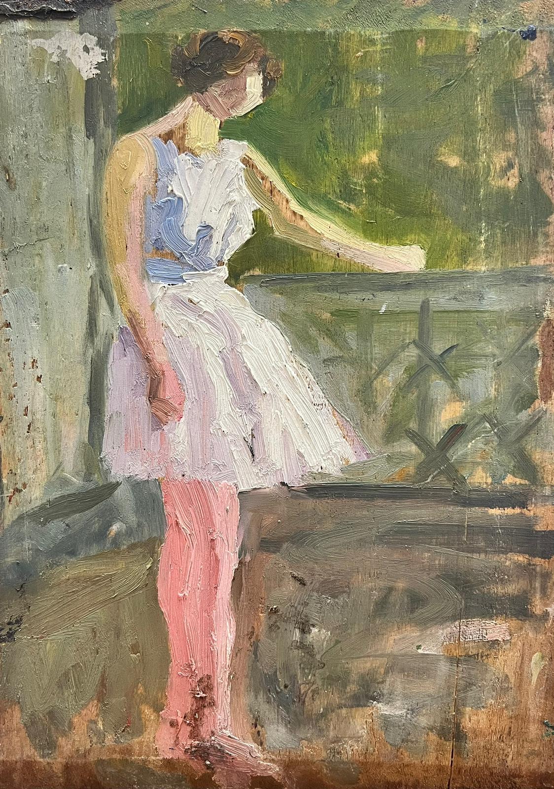 Peinture à l'huile post-impressionniste française des années 1930, croquis de ballerine sur fond vert 