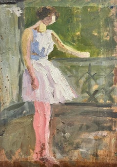 1930's French Post Impressionist Oil Painting Sketch Ballerina green background 