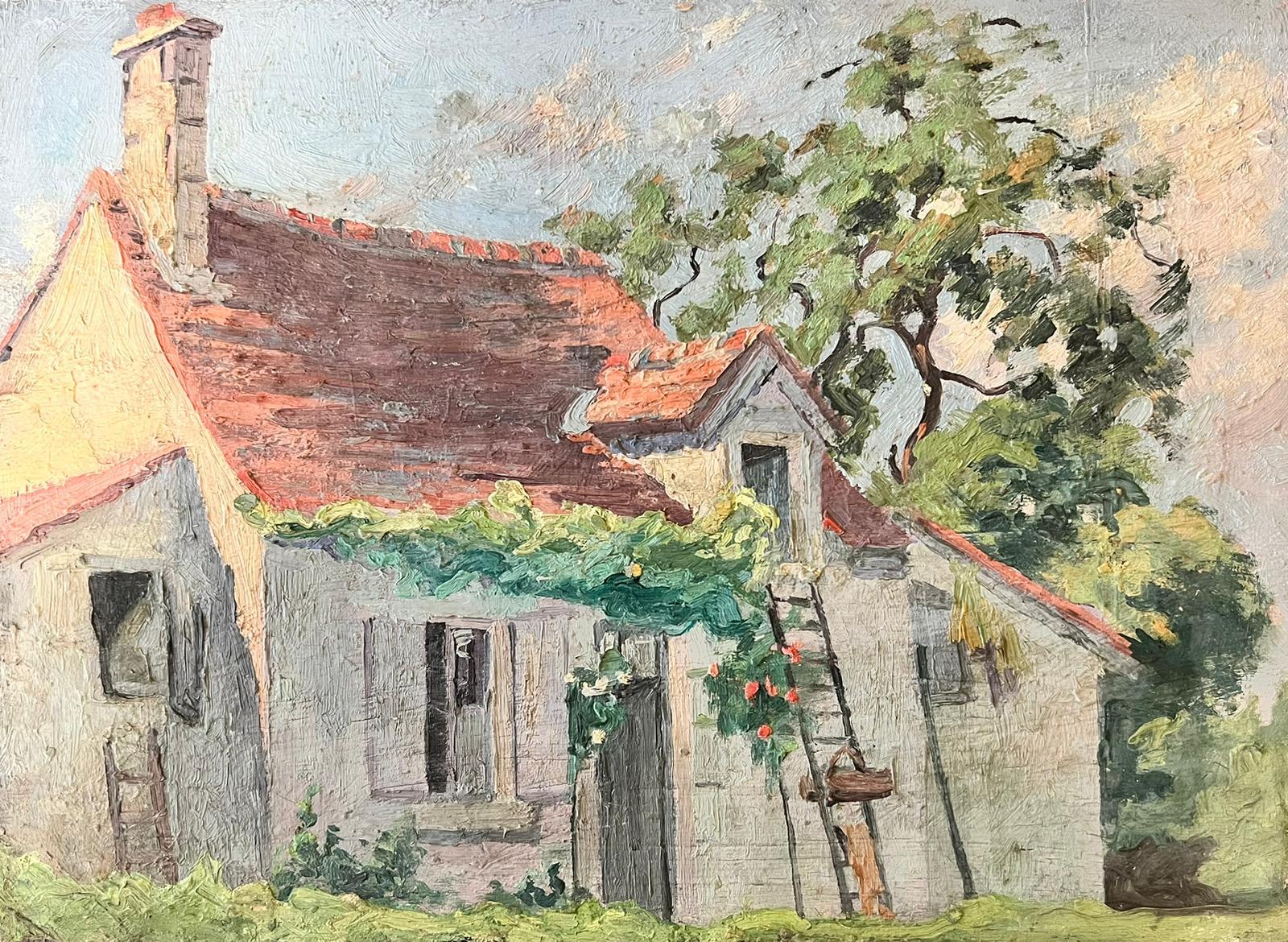 Suzanne Crochet Landscape Painting - 1930's French Post Impressionist Oil Painting - Stone Cottage With Ladder