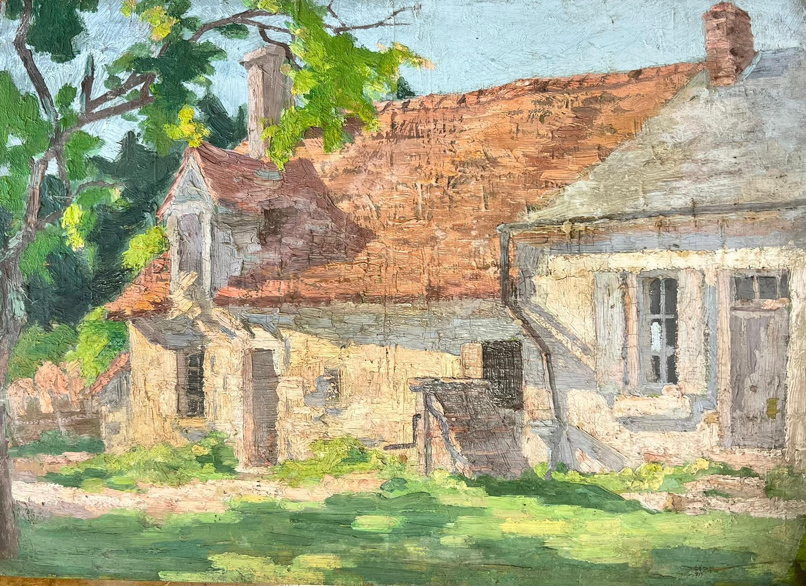 Landscape Painting de Suzanne Crochet - Pintura al óleo postimpresionista francesa de 1930 - Cabaña de piedra con escalones pequeños