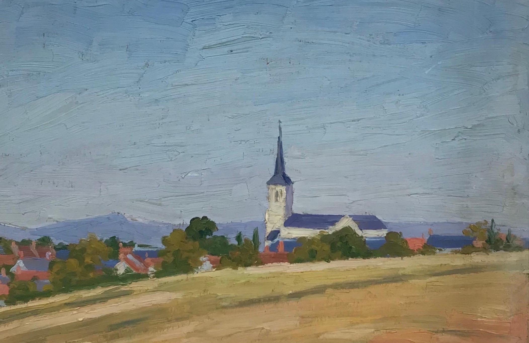 Pittura a olio francese post-impressionista del 1930 - Chiesa di paese in un paesaggio aperto - Painting di Suzanne Crochet
