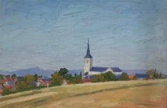 1930's French Post Impressionist Oil Painting - Village Church in Open Landscape