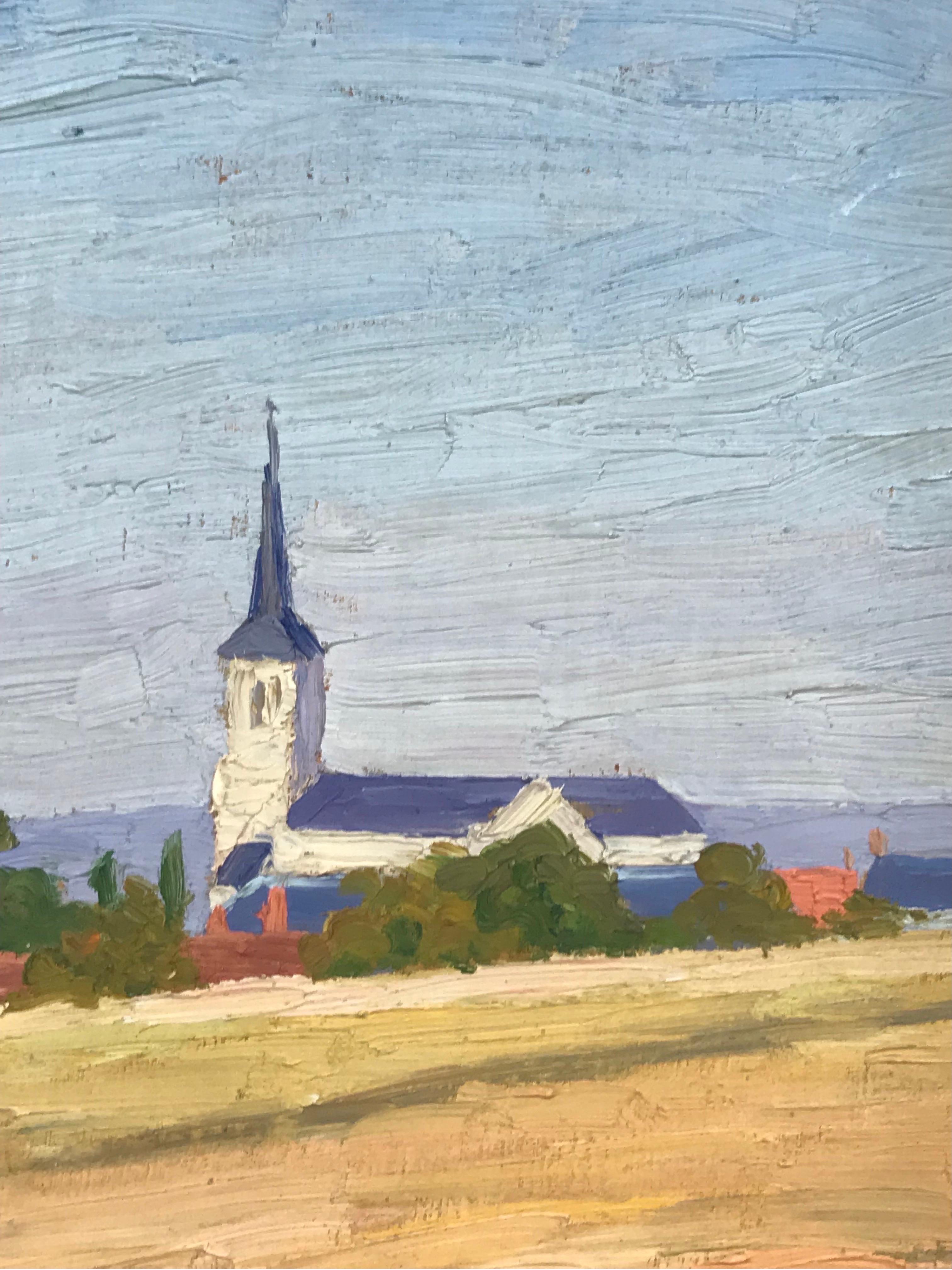Pittura a olio francese post-impressionista del 1930 - Chiesa di paese in un paesaggio aperto - Painting Postimpressionismo di Suzanne Crochet