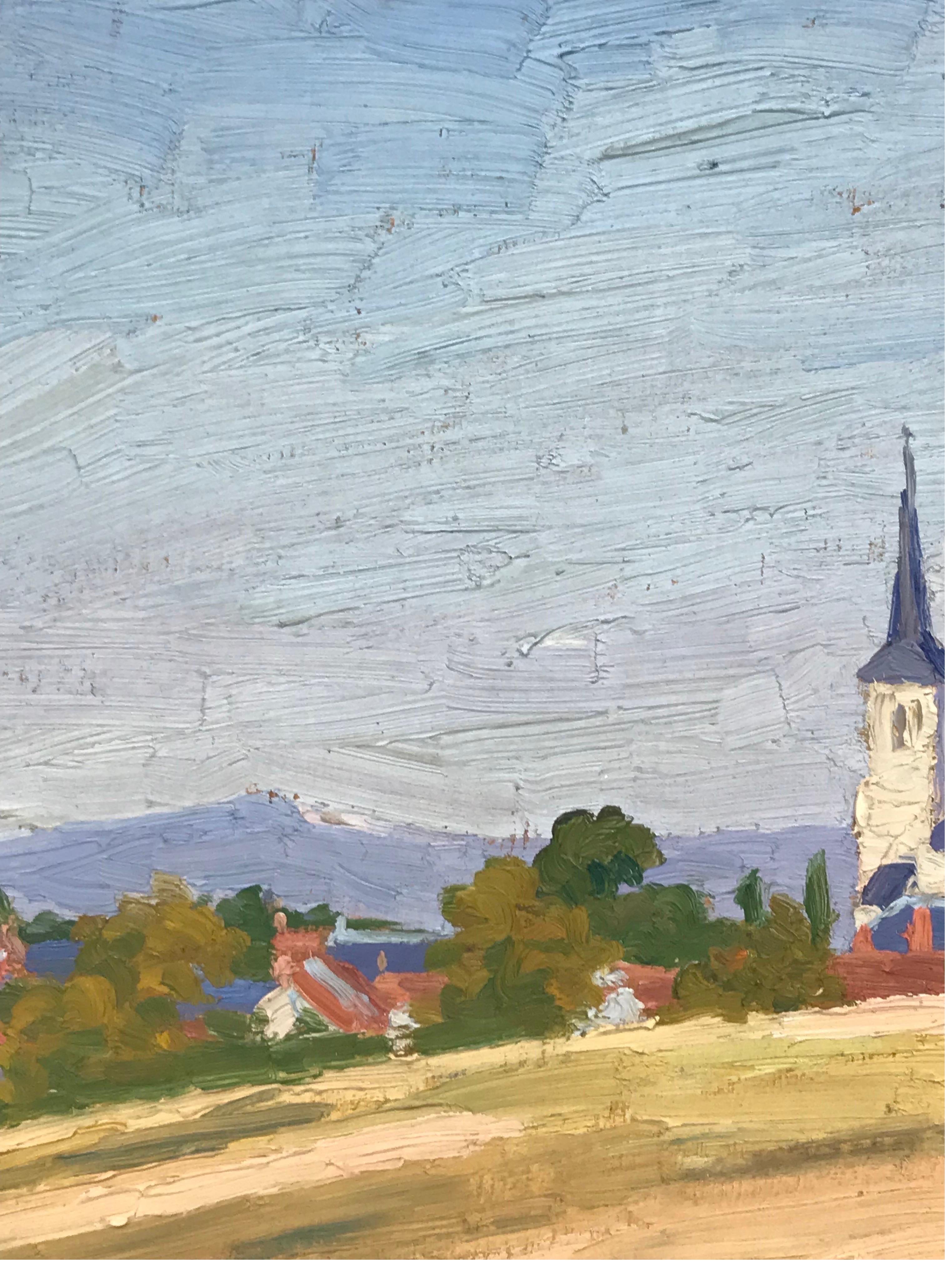 Pittura a olio francese post-impressionista del 1930 - Chiesa di paese in un paesaggio aperto - Landscape Painting Grigio di Suzanne Crochet