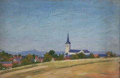 Peinture à l'huile post-impressionniste française des années 1930 - église de village dans un paysage ouvert