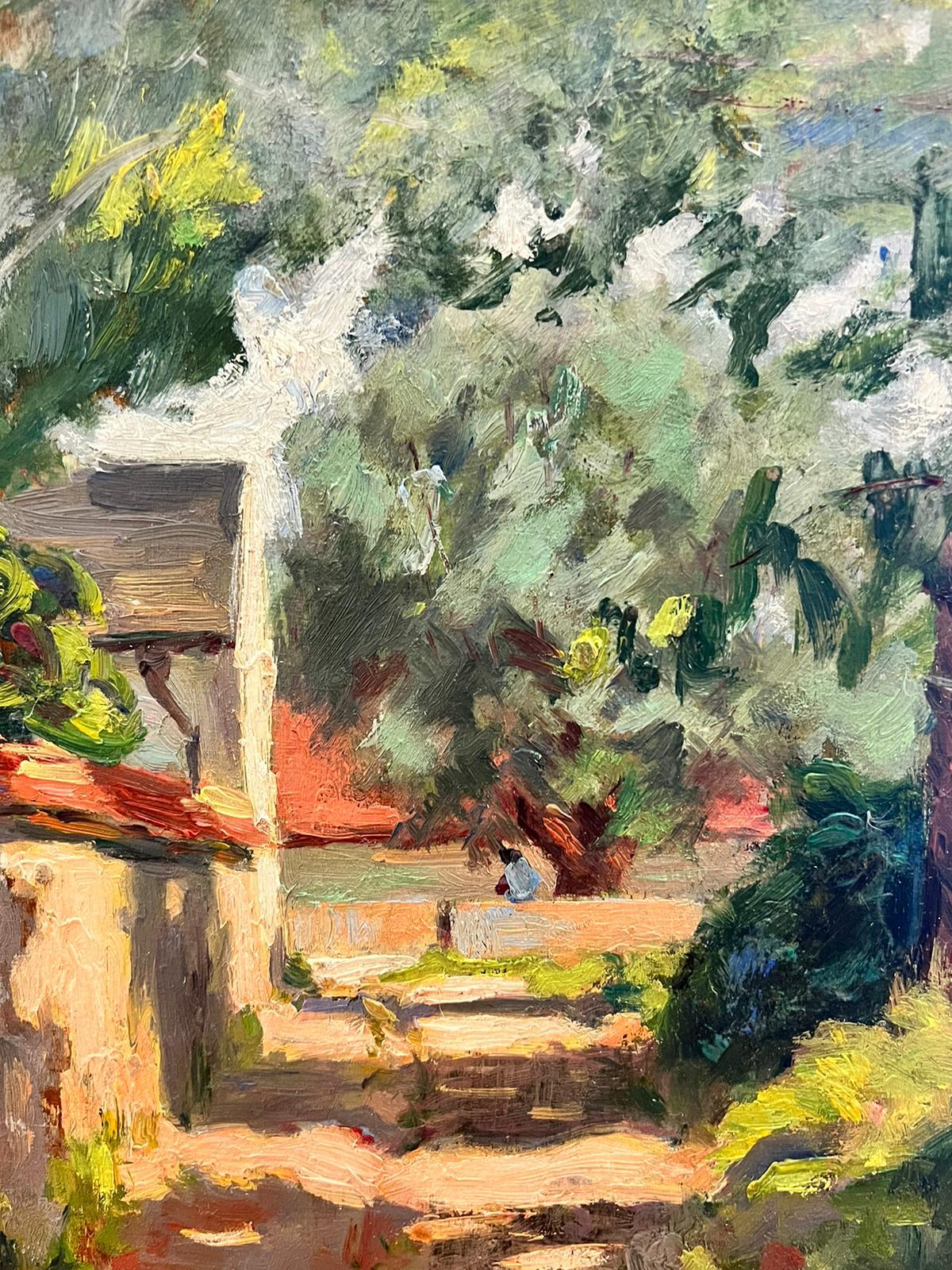 1930's French Post Impressionist Oil Painting Village Pathway Dappled Light 1