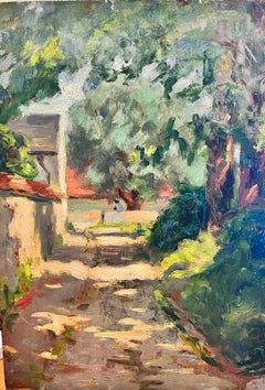 1930's French Post Impressionist Oil Painting Village Pathway Dappled Light