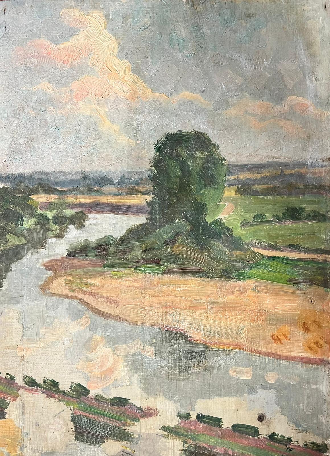 Suzanne Crochet Landscape Painting - 1930's French Post Impressionist Oil Painting Winding River Landscape Sketch