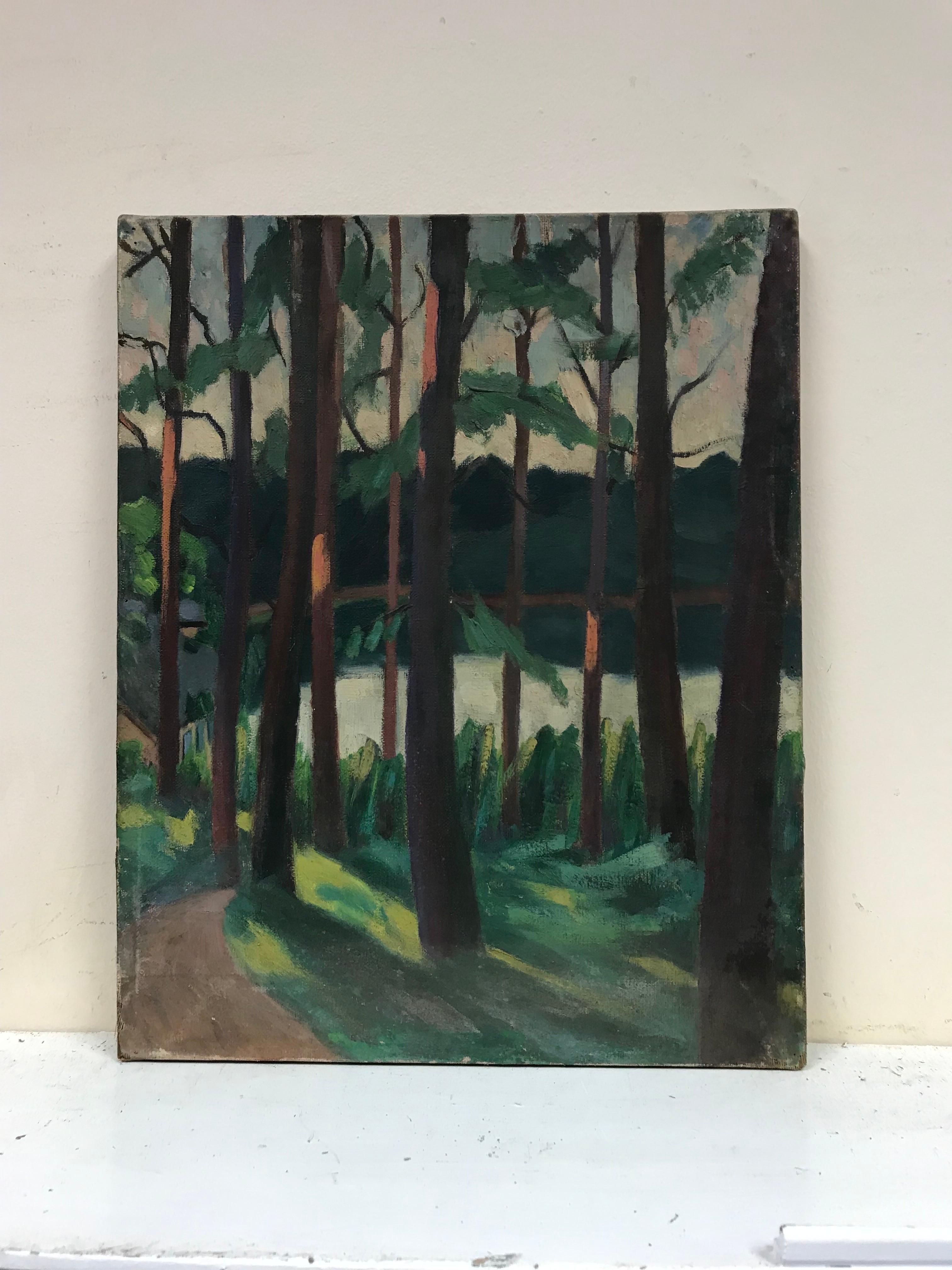 Pittura a olio francese post-impressionista del 1930 con alberi di bosco sul lago - Painting di Suzanne Crochet
