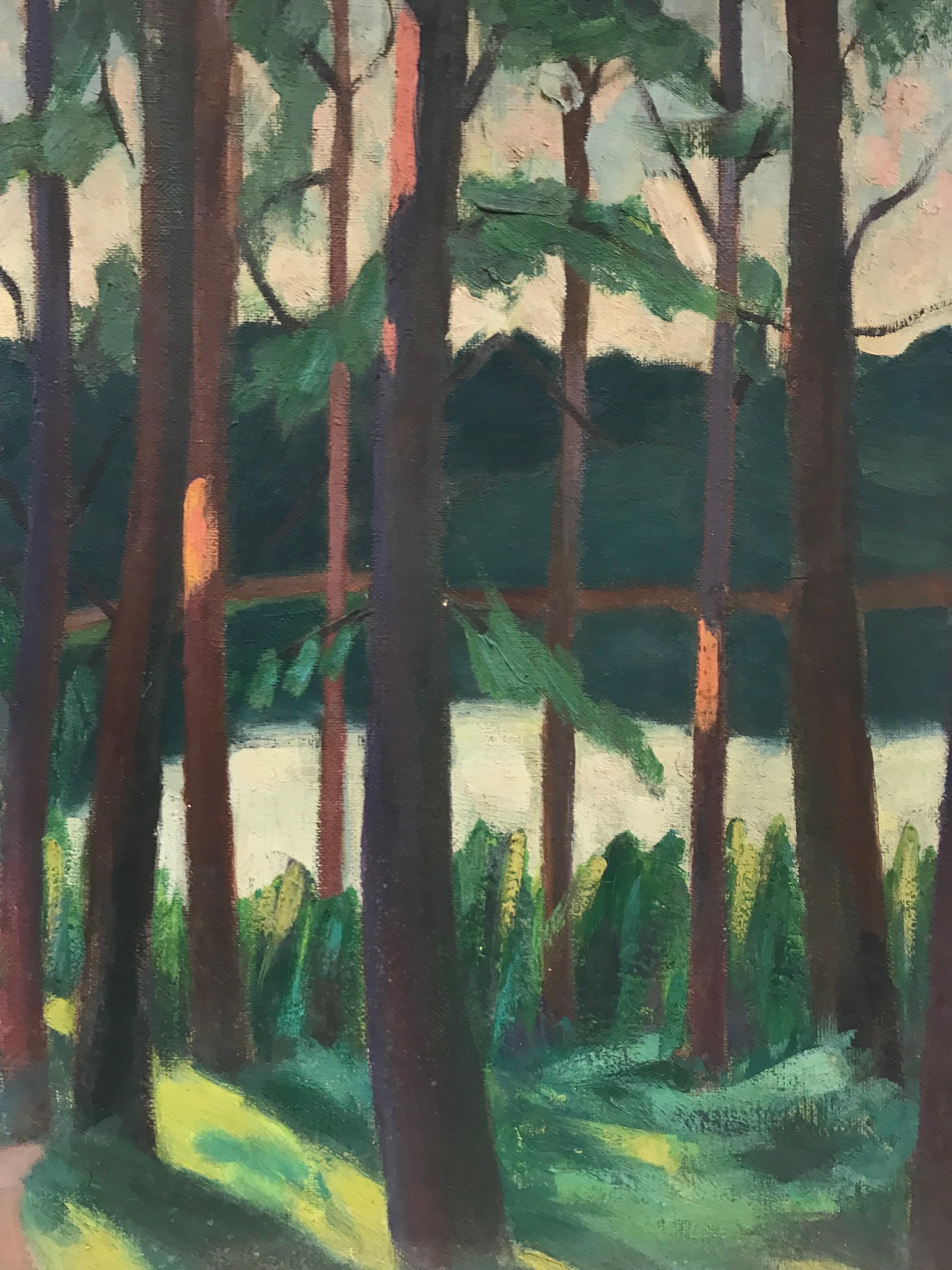 Pittura a olio francese post-impressionista del 1930 con alberi di bosco sul lago - Painting Postimpressionismo di Suzanne Crochet