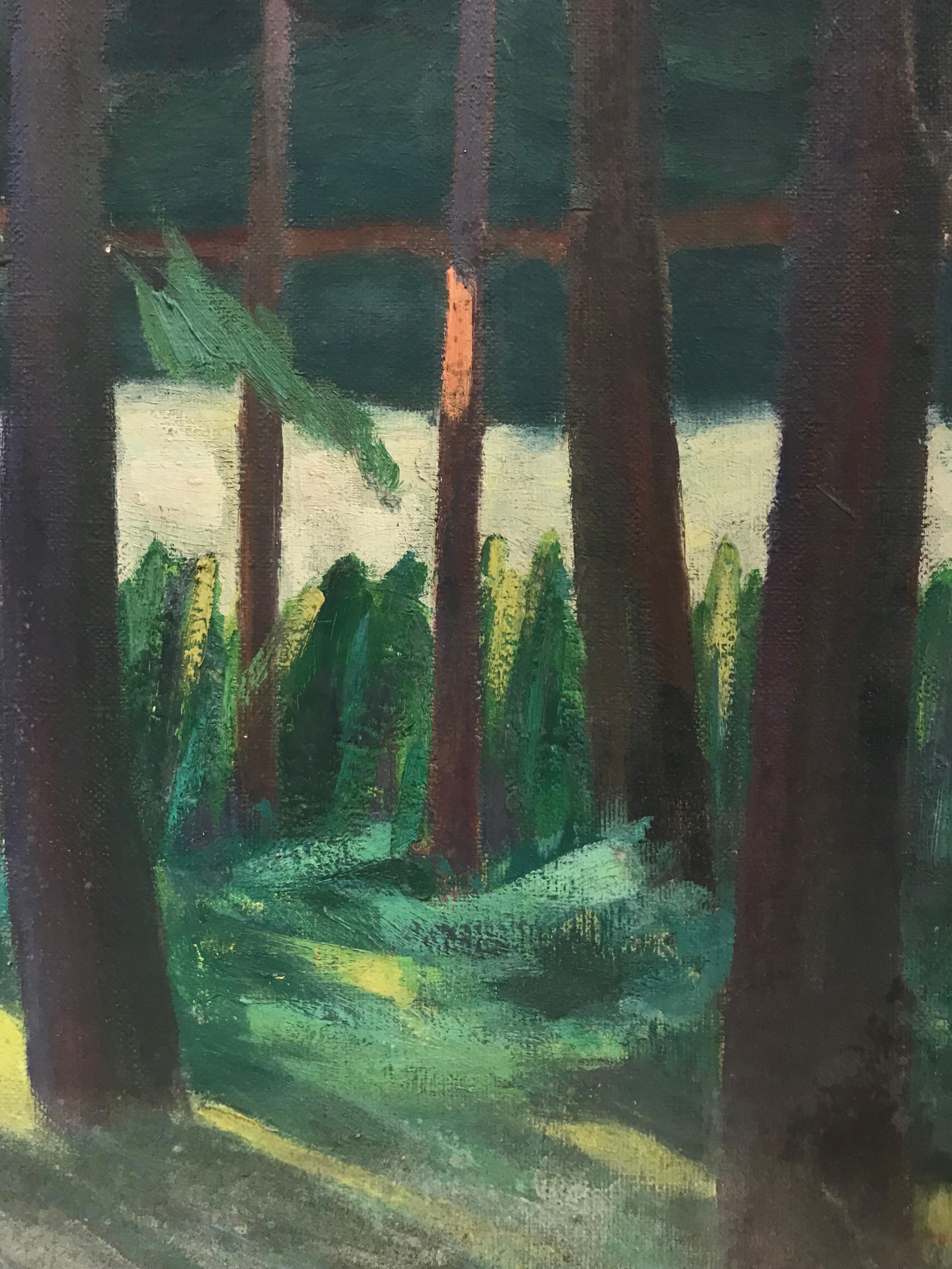 Pittura a olio francese post-impressionista del 1930 con alberi di bosco sul lago - Landscape Painting Nero di Suzanne Crochet