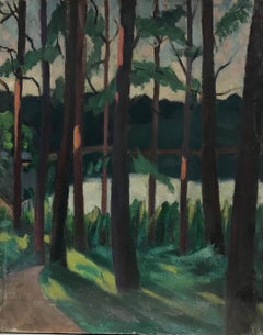 1930's French Post Impressionist Oil Painting Woodland Trees by Lake 