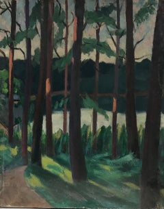 1930's French Post Impressionist Oil Painting Woodland Trees by Lake