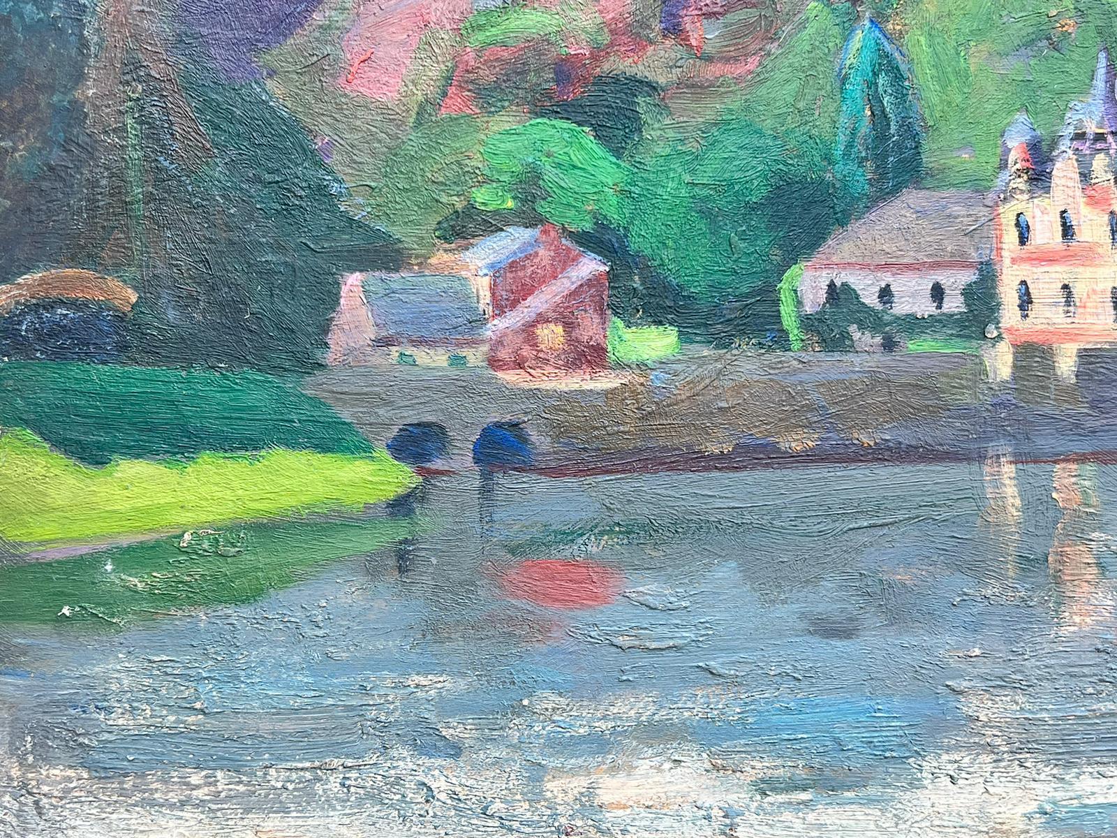 1930's French Post Impressionist Signed Oil Painting Chateau On River 1