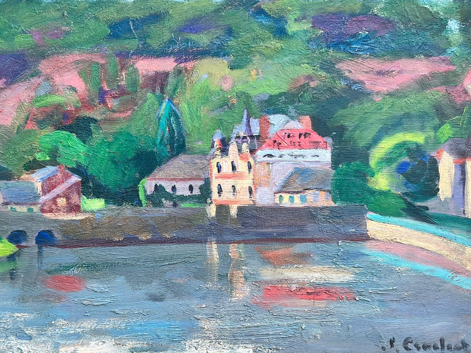 1930's French Post Impressionist Signed Oil Painting Chateau On River 3