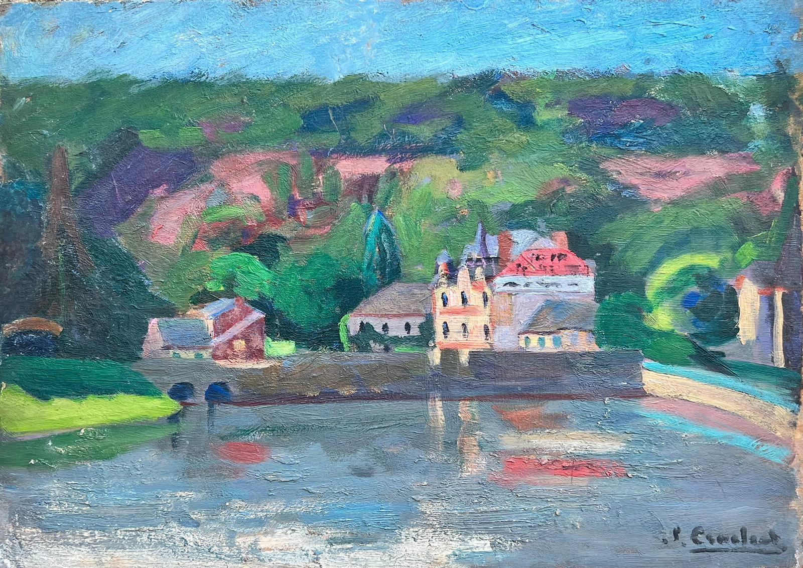 Suzanne Crochet Landscape Painting - 1930's French Post Impressionist Signed Oil Painting Chateau On River
