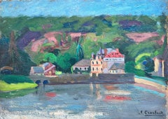 1930's French Post Impressionist Signed Oil Painting Chateau On River
