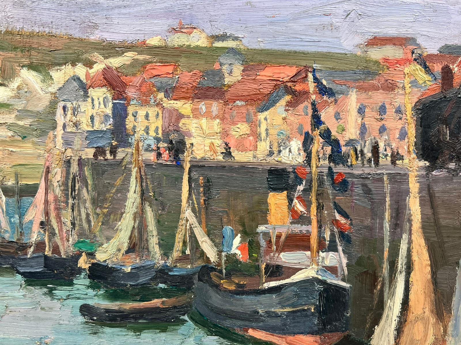 Artist/ School: Suzanne Crochet (French c. 1930), female French Impressionist artist

Title: The Fishing Harbour

Medium: oil on board, unframed 

board: 9.5 x 13 inches

Provenance: private collection, France

Condition: The painting is in overall