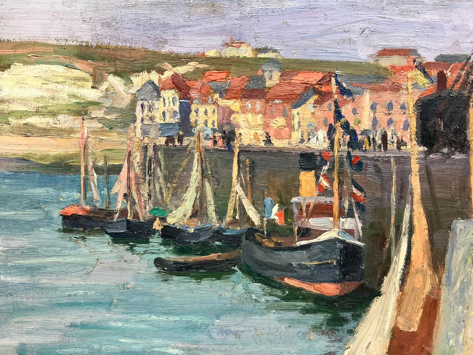 Boats in Brittany Fishing Harbour 1930's French Post Impressionist Oil Painting 1