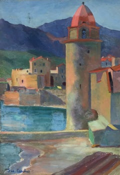 Collioure Harbour South of France, 1930's French Post Impressionist Oil Painting