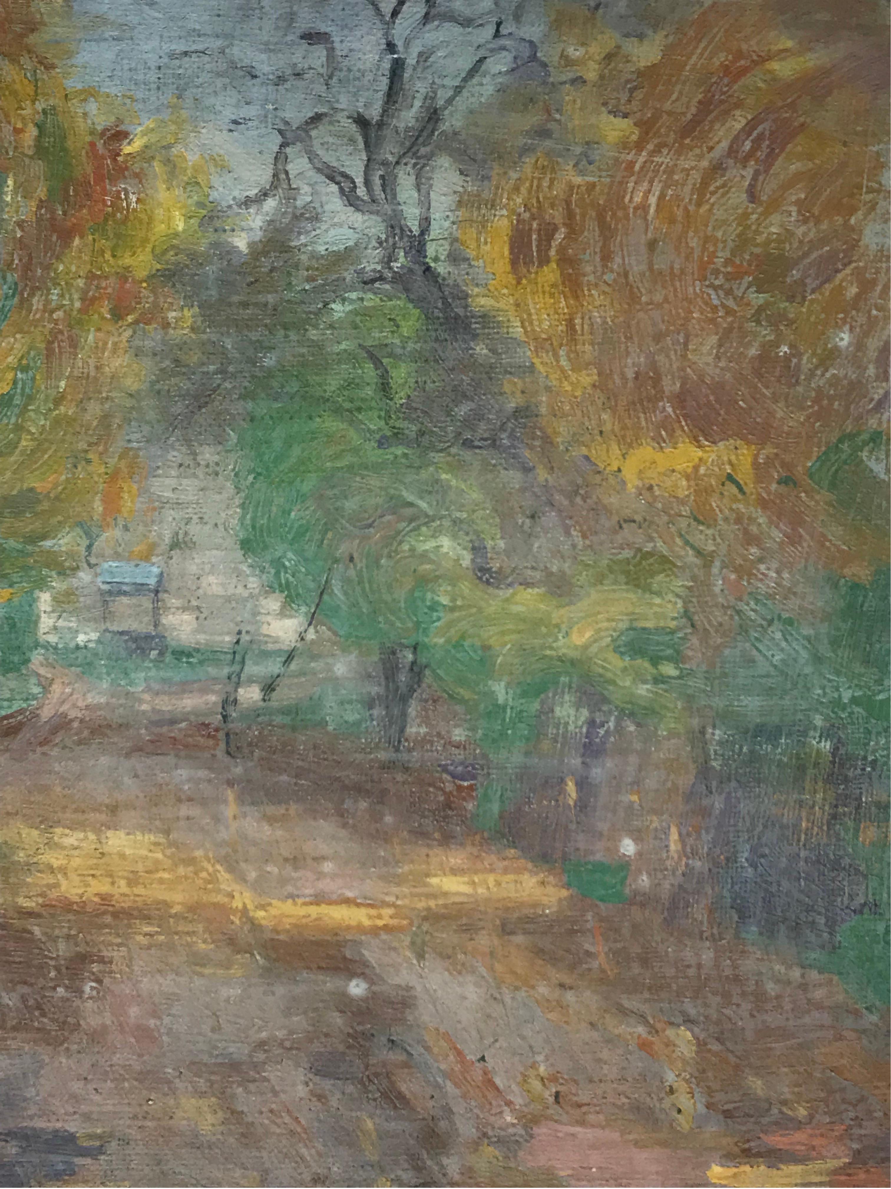 Golden Country Lane & Trees, 1930's French Post Impressionist Oil Painting - Gray Landscape Painting by Suzanne Crochet