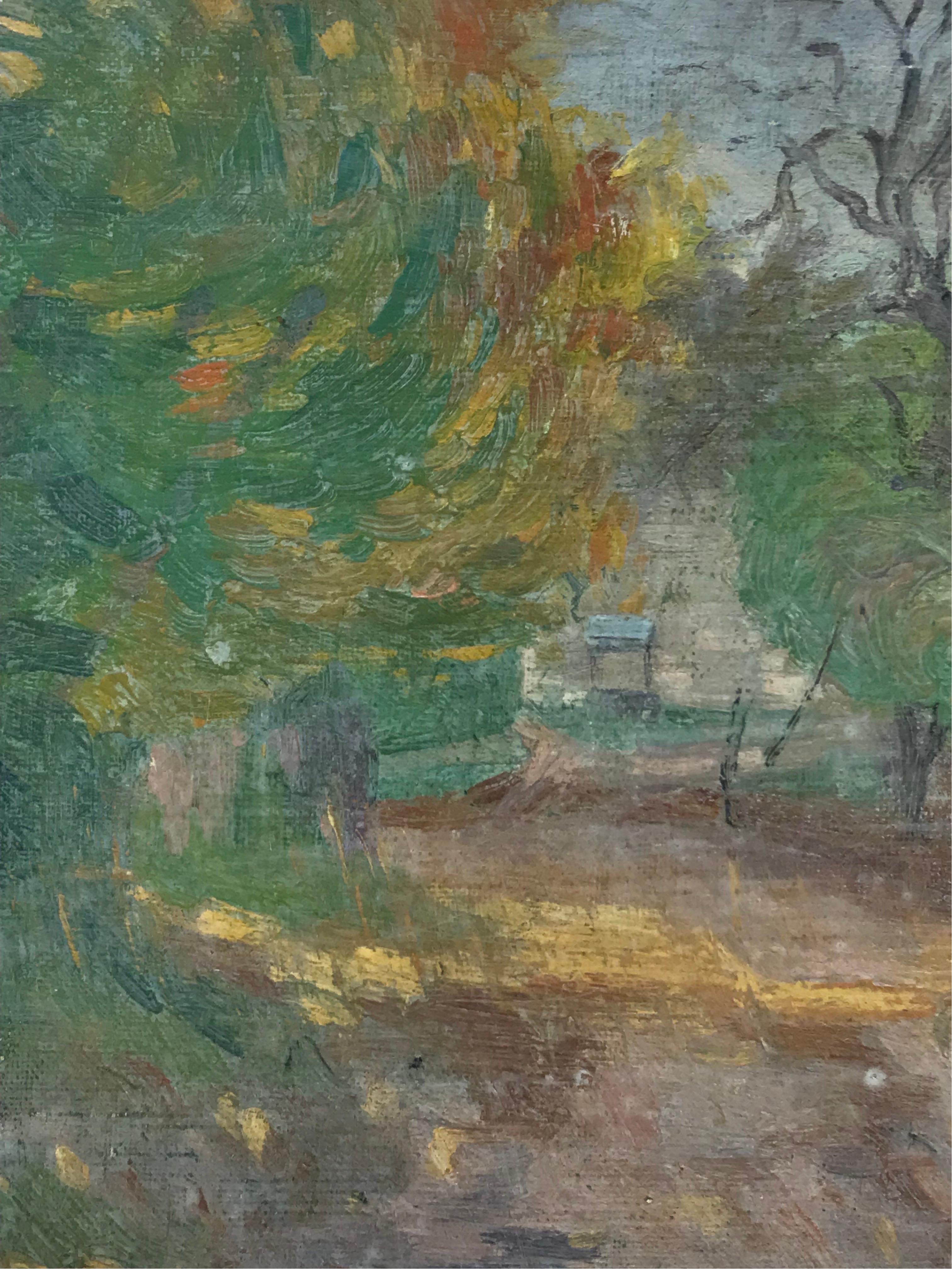 Artist/ School: Suzanne Crochet (French c. 1930), female French Impressionist artist

Title:  The Country Lane

Medium: oil on board, unframed

Size:

board: 8.75 x 10.5 inches

Provenance: private collection, France

Condition: The painting is in