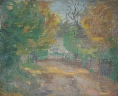 Golden Country Lane & Trees, französisches postimpressionistisches Ölgemälde aus den 1930er Jahren