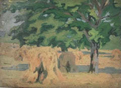 Harvest Field of Wheatsheaves, 1930's French Post Impressionist Oil Painting