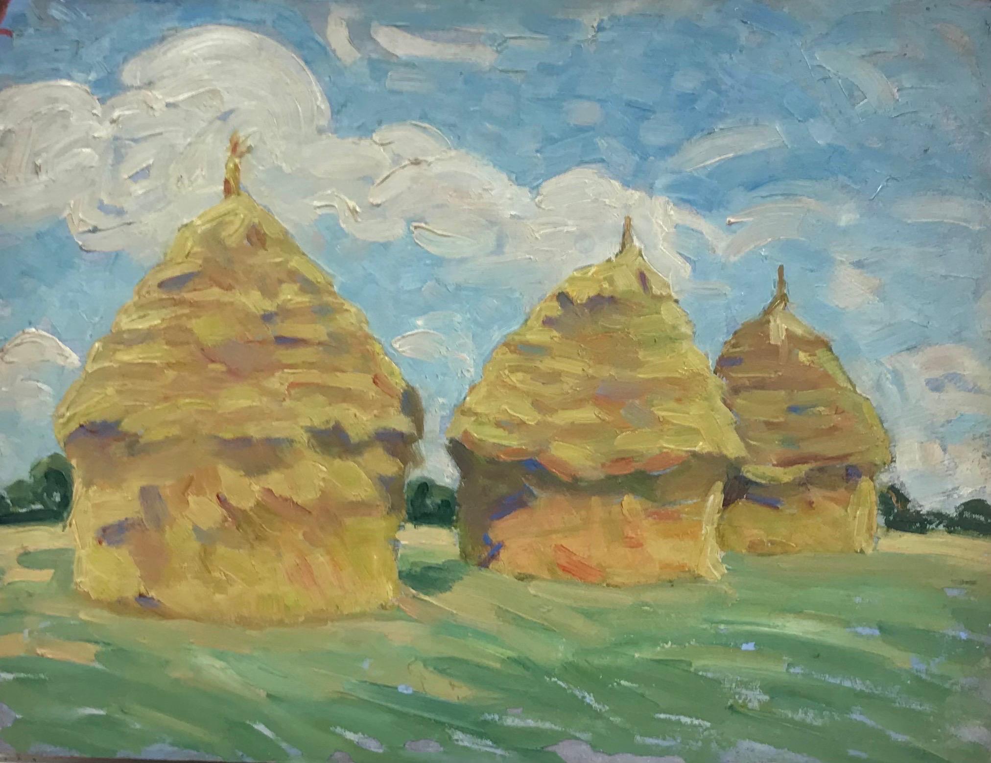 Suzanne Crochet Landscape Painting - Haystacks in Field, 1930's French Impressionist Oil Painting 