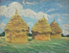 Antique Haystacks in Field, 1930's French Impressionist Oil Painting 