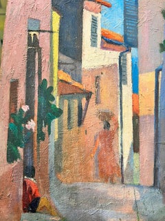 Provencal Sunny Old Town 1930's French Post Impressionist Oil Painting