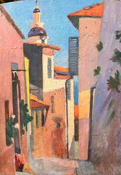 Pittura ad olio francese post impressionista provenzale con sole e città vecchia degli anni '30