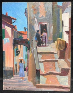 Provencal Sunny Old Town & Figures 1930's French Post Impressionist Oil Painting