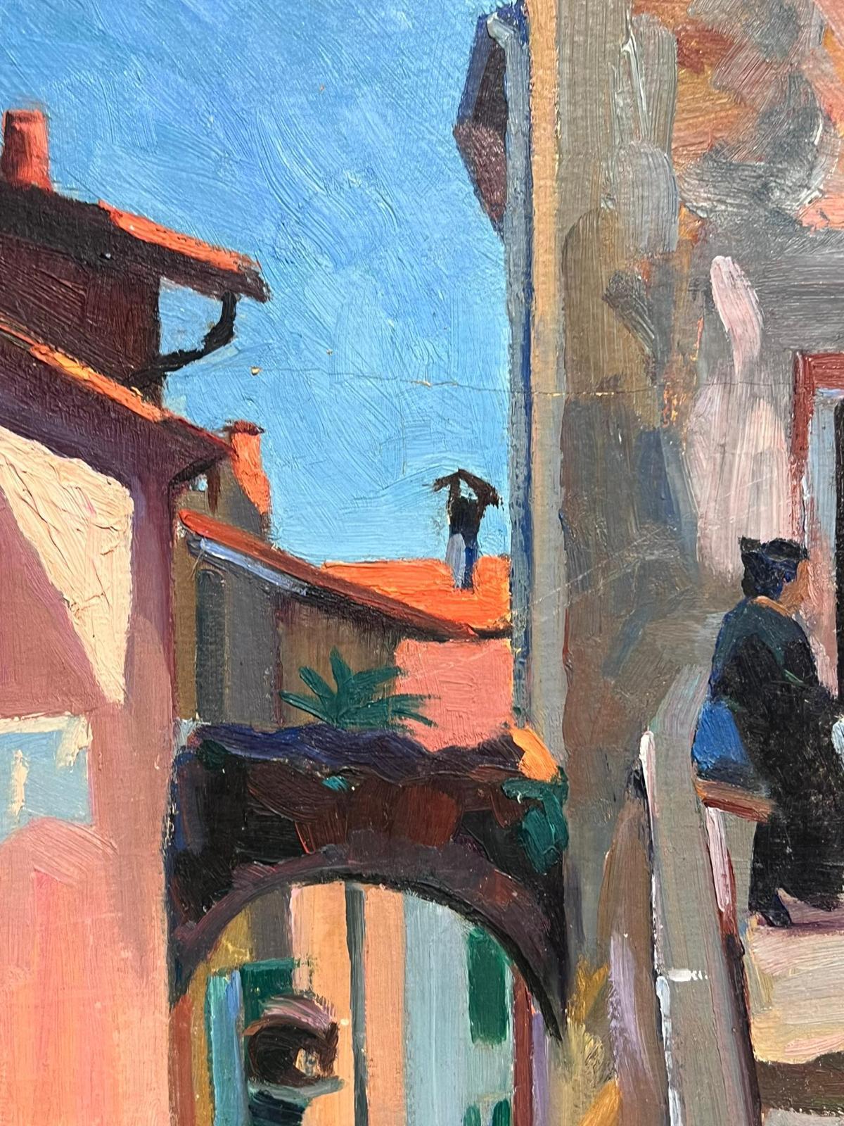 Provencal Sunny Old Town & Figures 1930's French Post Impressionist Oil Painting For Sale 5