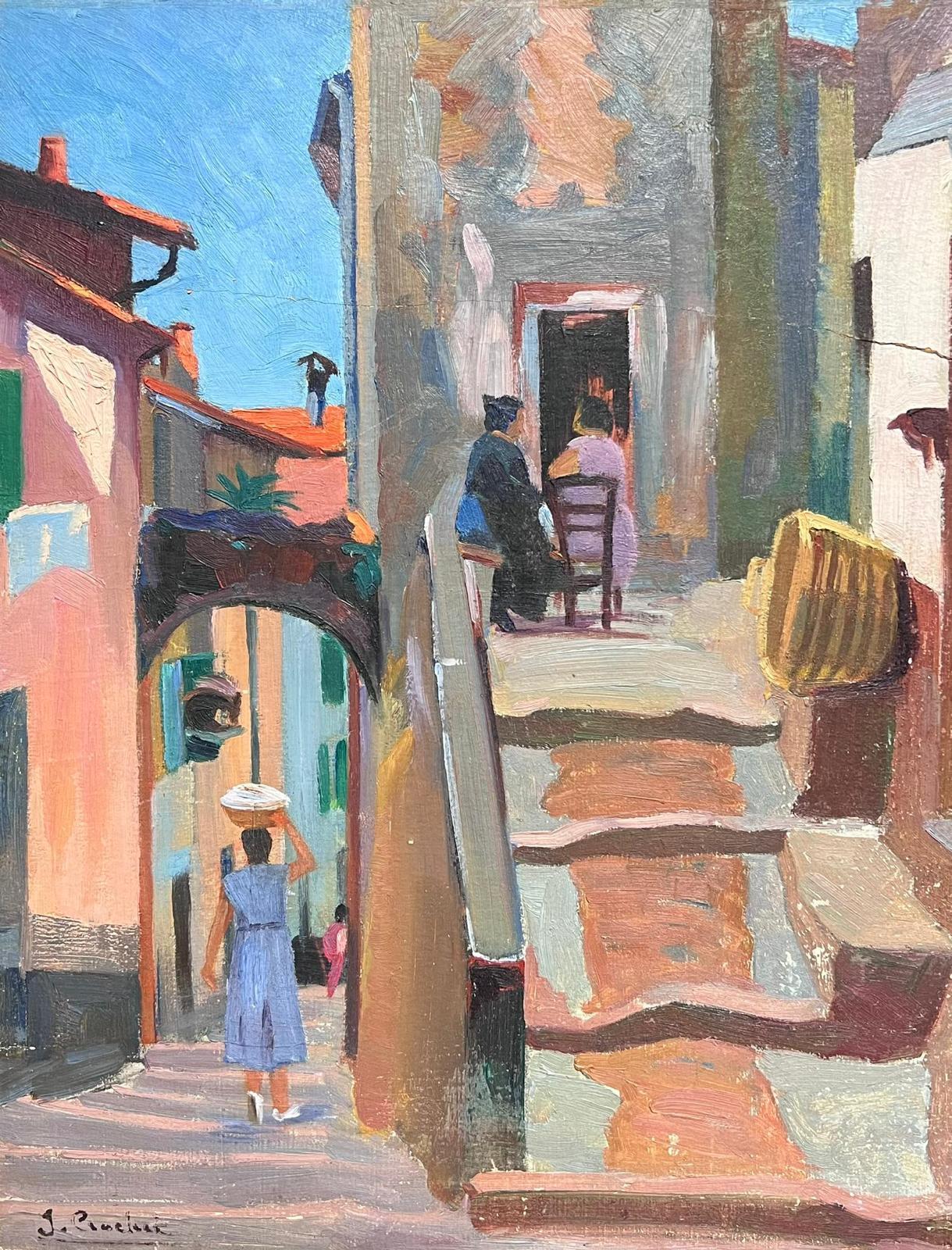 Suzanne Crochet Landscape Painting - Provencal Sunny Old Town & Figures 1930's French Post Impressionist Oil Painting