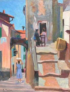 Antique Provencal Sunny Old Town & Figures 1930's French Post Impressionist Oil Painting